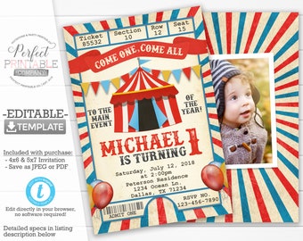 Carnival Birthday Invitation, Carnival Invite, Circus Birthday Invitation, Circus Invite, Tente, Billet, Rouge et Bleu, Modèle modifiable #949