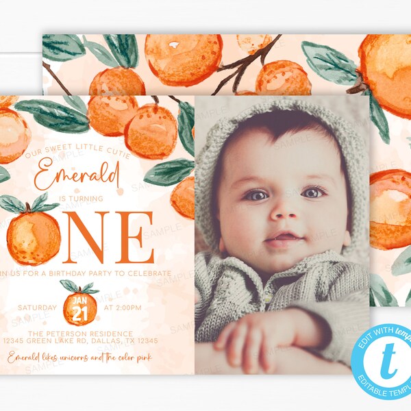 Little Cutie 1st Birthday Invitation, Orange ONE Party Invite, Citrus First Birthday Photo Card, Tangerine Evite, Editable Template #2017