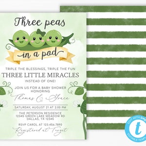 Three Peas in a Pod Baby Shower Invitation, Triplet Two Boys and Girl Baby Shower Invitation, Sweet Pea Baby Sprinkle, Pea Pod Invite #1095