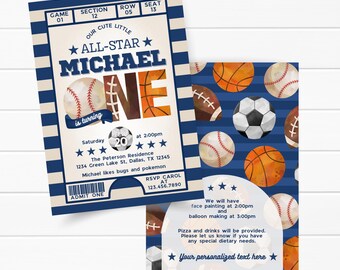Pode incluir: Convite para festa de aniversário com tema esportivo. O design apresenta beisebol, basquete e futebol americano. O texto diz "Michael ONE is turning" e inclui detalhes do evento.