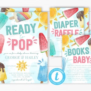 Summer Popsicle Baby Shower Invitation Bundle, Diaper Raffle Card, Books for Baby Request Insert, Popsicle Invite, Editable Template #2024