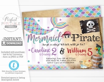 Mermaid or Pirate Invitation, Mermaid or Pirate Birthday Party Invitation, Mermaid or Pirate Invite, Sibling, Twins, Editable Template #501