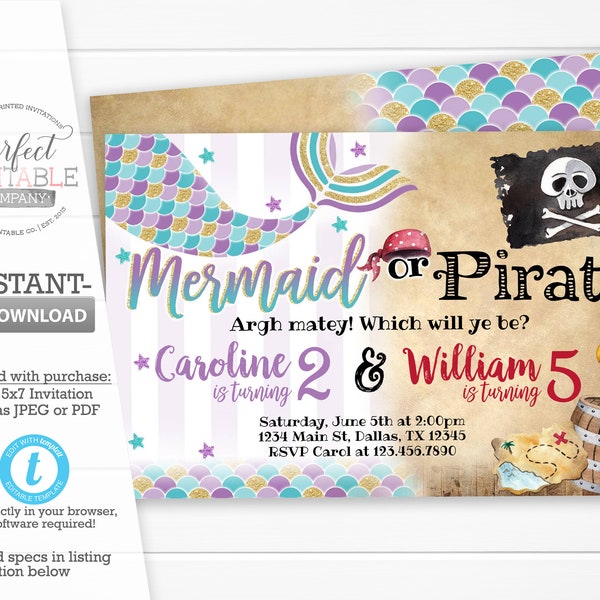 Mermaid or Pirate Invitation, Mermaid or Pirate Birthday Party Invitation, Mermaid or Pirate Invite, Sibling, Twins, Editable Template #501