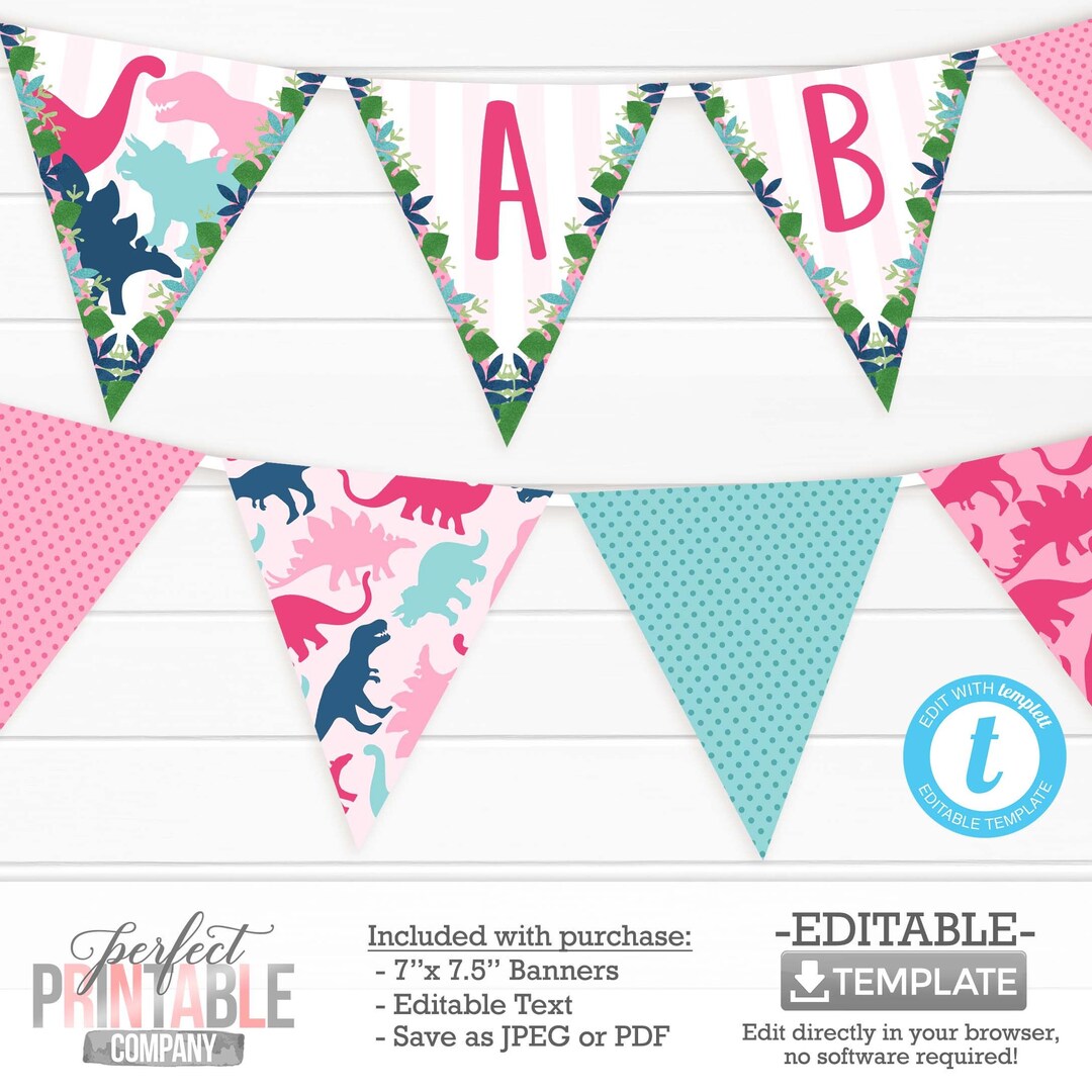 Girl Dinosaur Banner, Pink Dinosaur Banner, Happy Birthday Banner, Baby ...