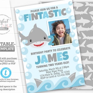 Shark Birthday Party Invitation, Shark Invite, Under the Sea Birthday Invitation, Blue and Gray, Shark Decorations, Editable Template #969