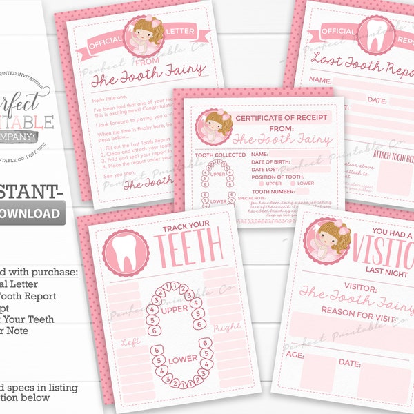 Tooth Fairy Set, Tooth Fairy Certificate, Tooth Fairy Letter, Tooth Fairy Receipt, Tooth Fairy Kit, Lost Tooth, Tooth Fairy Report, Pink