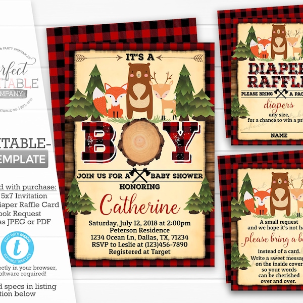 Woodland Lumberjack Baby Shower Invitation Package, Set, Kit, Bundle, Invite, Diaper Raffle Card, Book Request, Insert, Template #721