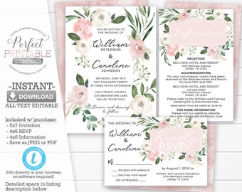 Blush Rose Wedding Invitation Set, Blush Peony Floral Wedding Invitation Suite, Light Pink Floral Wedding Invitation Package, Template #875