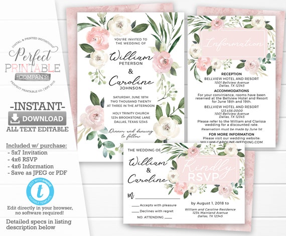 Printable Flower Wedding Invitations Blush Floral Wedding Invitation Set Do-It-Yourself Romantic Pink Peonies Roses Angela