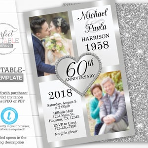 Silver Wedding Anniversary Invitation, Silver Wedding Anniversary Invite, Silver Glitter White Diamond, 30th 40th 50th 60th #316