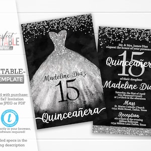 Silver and Black Quinceañera Invitation, Quinceañera Invite, Mis Quince Anos, Invitaciones de Quinceañera, Invitación de 15 Cumpleaños #977