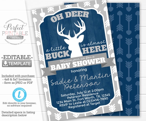 Antler Deer Baby Shower Invitation, Tribal Deer Baby Shower