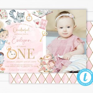 Alice in Wonderland Birthday Invitation, Alice in ONEderland Photo Invite, 1st Birthday turning ONE, Tea Party, Editable Template #2102