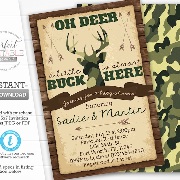 Camouflage Deer Baby Shower Invitation, Antler Baby Shower Invitation, Camo Hunting Invitation, Deer Invite, Editable Template #517