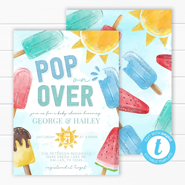 Pop on Over Baby Shower Invitation, Popsicle Baby Shower Invitation, Popsicle Invite, Summer Invitation, Editable Template #2111