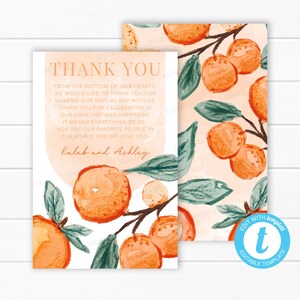 Tarjeta de agradecimiento Little Cutie / Nota de agradecimiento naranja / Carta de agradecimiento de Clementine / Inserto de agradecimiento de cítricos / Plantilla editable #2017