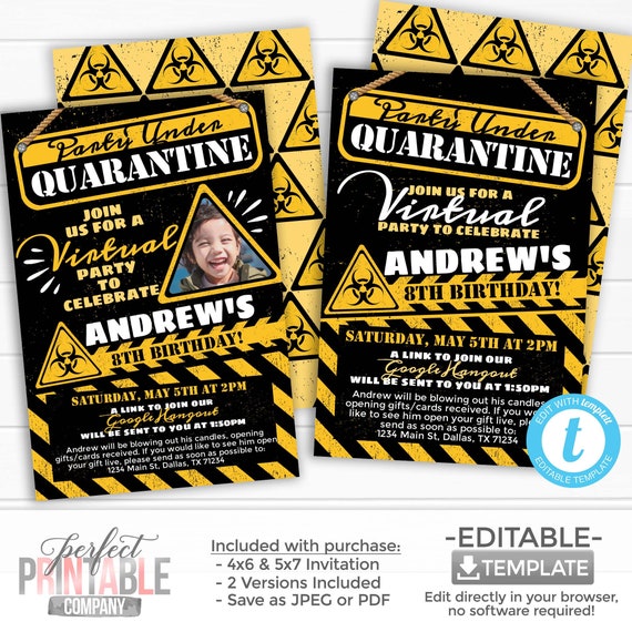 Editable Quarantine Birthday Party Invitation Virtual Quarantine