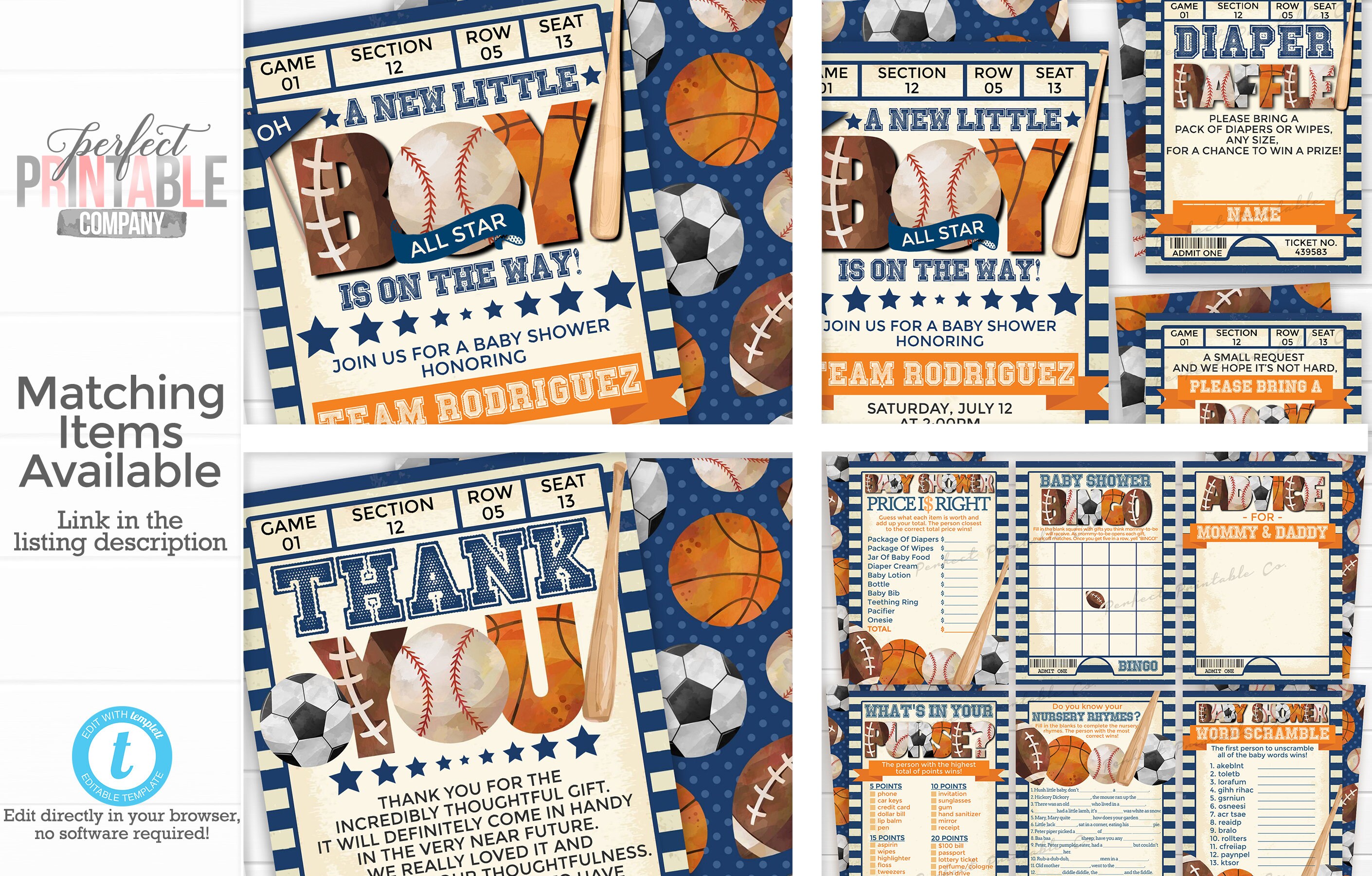 Sports Baby Shower Games Package Bundle BINGO Word Scramble Etsy