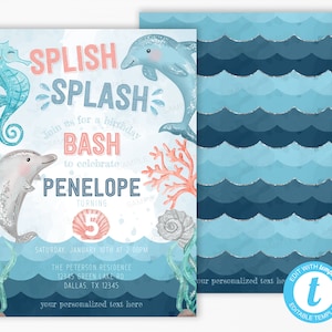 Dolphin Birthday Invitation, Dolphin Invite, Dolphin Birthday Party Card, Dolphin Evite, Summer Ocean Life Animals, Editable Template #2027