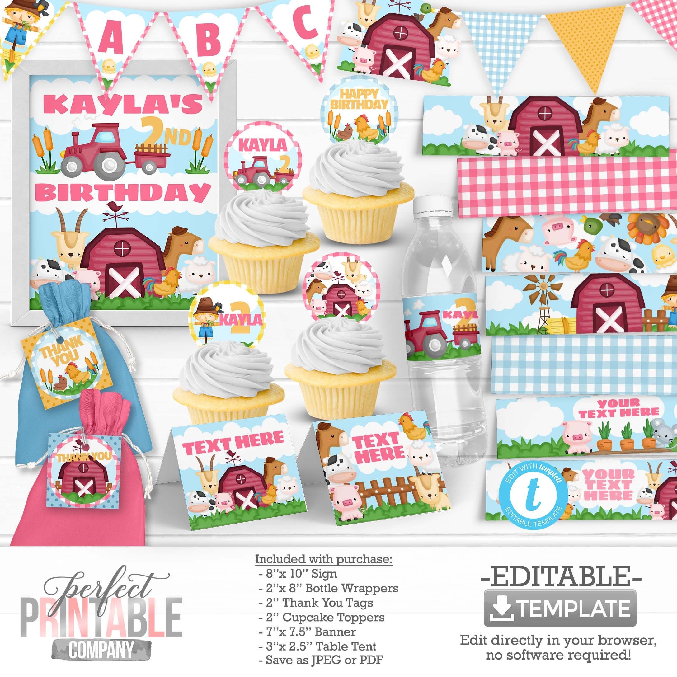 Farm Animal Birthday Party Decorations Old McDonald Water Bottle Label Wrapper Banner Table Tent Cupcake Toppers Pink Girl