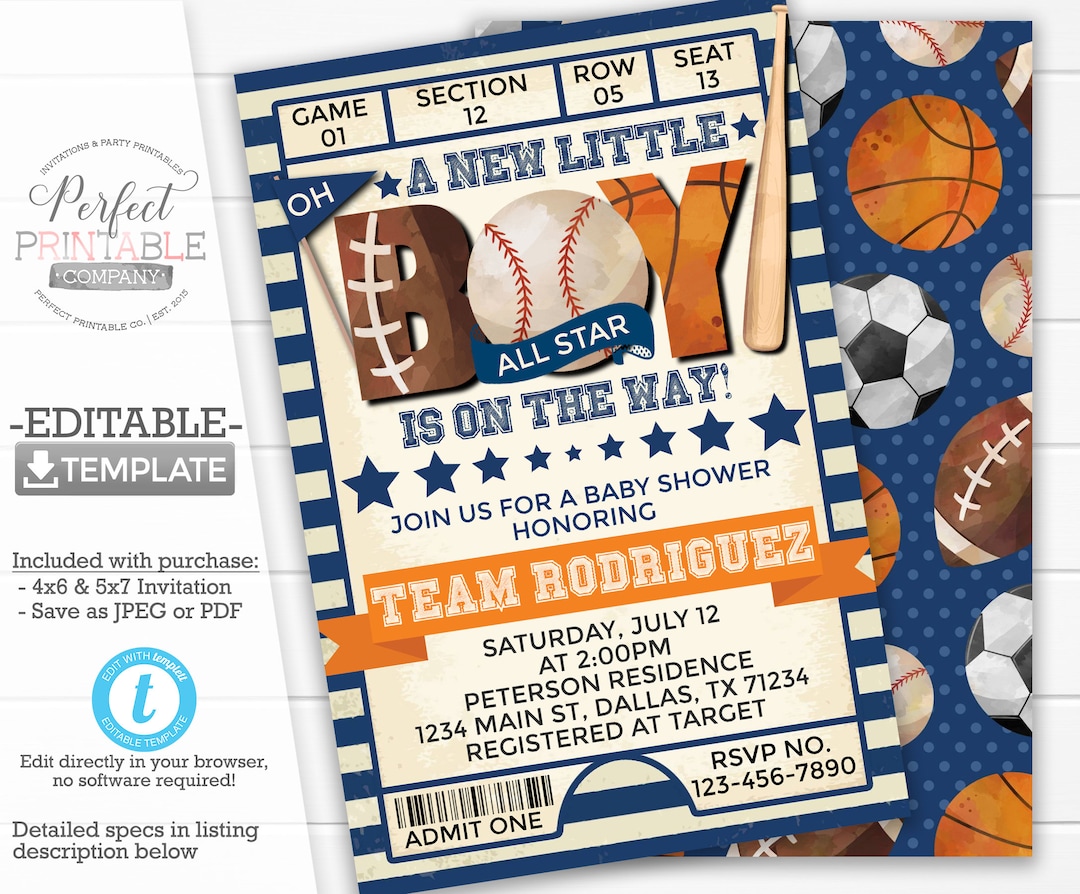 Sports ticket sale baby shower invitations