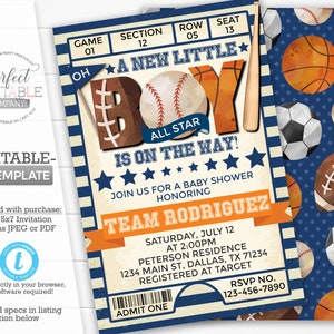 Sports Baby Shower Invitation, Sports Ticket Invite, Basketball Football Baseball Soccer, Its a BOY, Editable Template #947