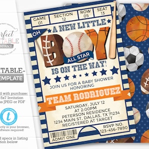 Sports Baby Shower Invitation, Sports Ticket Invite, Basketball Football Baseball Soccer, Its a BOY, Editable Template #947