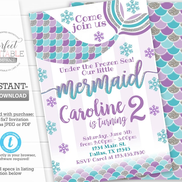 Winter Mermaid Invitation, Mermaid Birthday Party Invitation, Snowflake Mermaid Invitation, Mermaid Invite, Editable Template #571