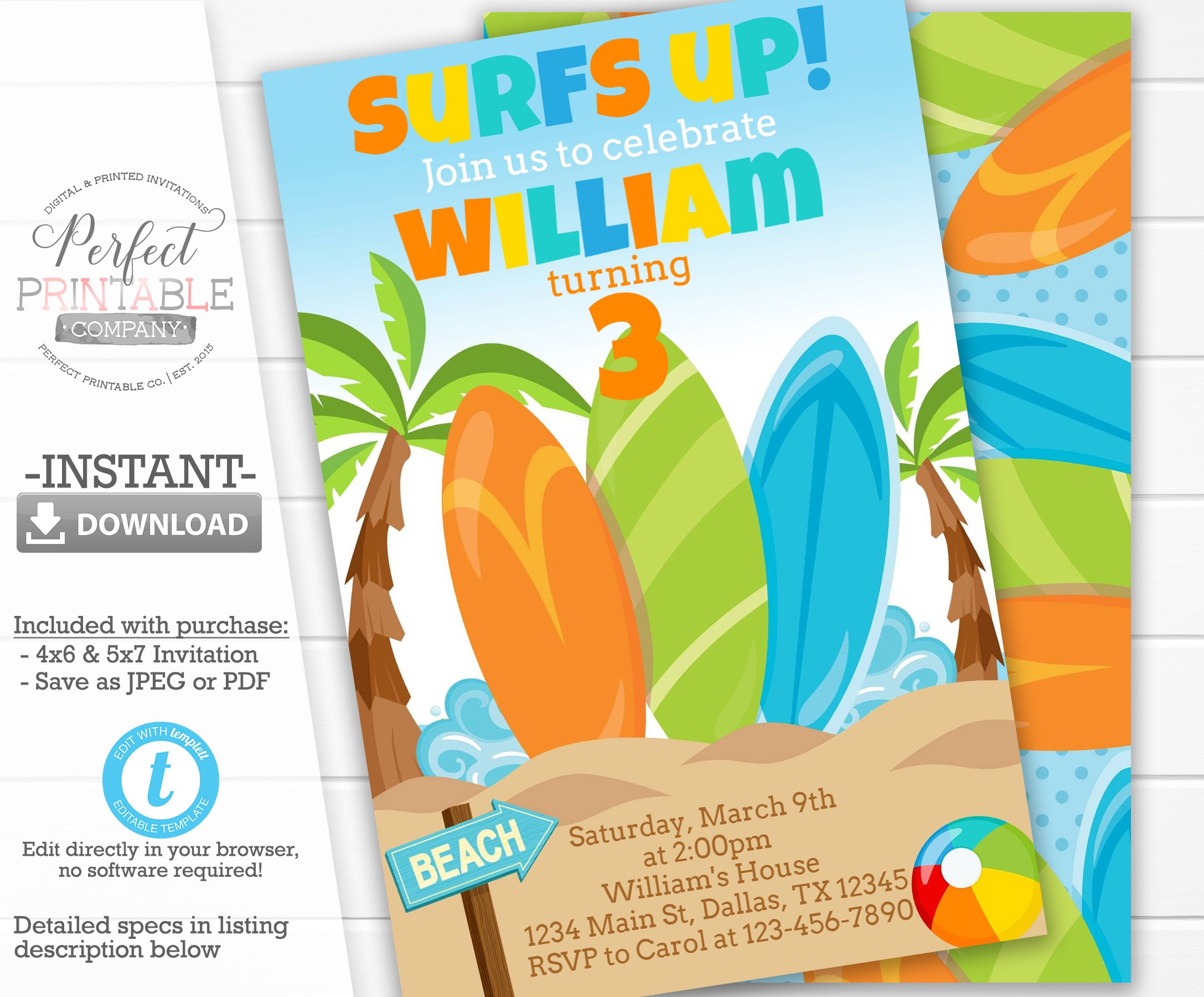 Surfing Birthday Invitation Surfing Invite Surfs Up | Etsy