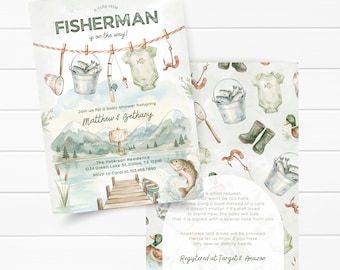 Convite para Chá de Bebê com Tema de Pesca, Convite de Verão para Lago, Tema Náutico para Menino, Modelo Editável no Canva