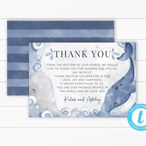 Tarjeta de agradecimiento de ballena / Nota de agradecimiento de ballena / Carta de agradecimiento de ballena / Inserto de agradecimiento de ballena / Baby Shower de ballena / Plantilla editable #2000
