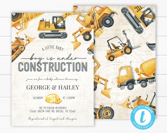 Rustic Under Construction Baby Shower Invitation, Blueprint Construction Invite, Boy Dump Truck Excavator, Printable Editable Template #2033