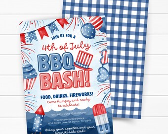 Pode incluir: Um convite para um churrasco de 4 de julho com ilustrações em aquarela vermelhas, brancas e azuis de fogos de artifício, uma cartola, um cupcake e um picolé. O texto diz: Join us for a 4th of July BBQ Bash! Food, drinks, fireworks!