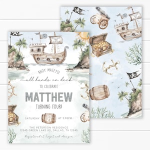 Pirate Birthday Invitation, Pirate 1st Birthday Invite, Ahoy Matey Party Invitation, Watercolor Pirate Ship, Editable Template #2120