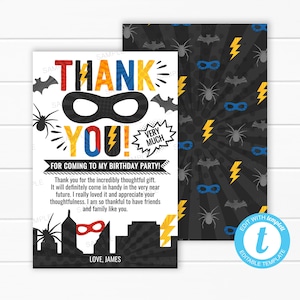 Tarjeta de agradecimiento de superhéroe / Nota de agradecimiento de cómic / Carta de agradecimiento / Inserto de agradecimiento / Plantilla editable imprimible digital #1066