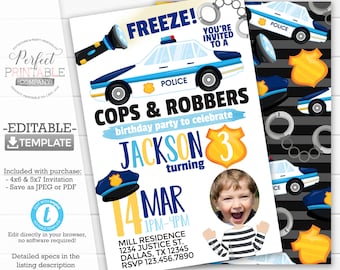 Cops and Robbers Birthday Party Invitation, Cops and Robbers Invite, Police Birthday Invitation, Policeman, Stripes, Editable Template #957