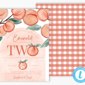 Peach 2nd Birthday Invitation, Peach Invite, Peach turning TWO Party Invitation, Picnic Buffalo Plaid Peach Evite, Editable Template #2018