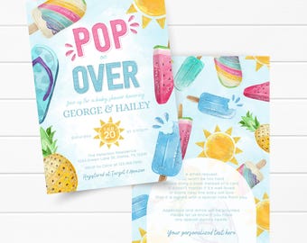Pode incluir: Convites para chá de bebê com design em aquarela. Os convites apresentam o texto "POP on OVER" com ilustrações de picolés, chinelos, abacaxis e sóis. O convite inclui nomes, data, hora e local.