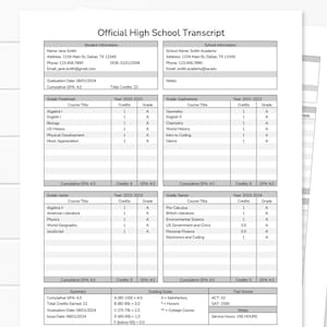 High School Transkript - Homeschool Transkript - Zeugnis - Ausfüllbare Schulakte - Druckbares offizielles Zeugnis - Bearbeitbare Vorlage