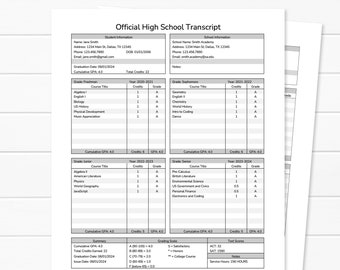 Transcripción de la escuela secundaria - Transcripción de la educación en el hogar - Boleta de calificaciones - Registro escolar rellenable - Transcripción oficial imprimible - Plantilla editable