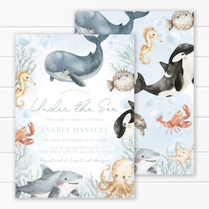 Editable Under the Sea Baby Shower Invitation Template, Ocean Life Baby Shower Invite, Sea Animal Invite, Boy Baby Shower Invitation #2123