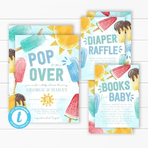 Popsicle Baby Shower Bundle, Popsicle Invitation, Diaper Raffle Card, Books for Baby Insert, Summer Baby Shower, Editable Template #2111