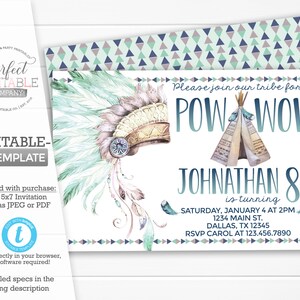 Boy Tribal Birthday Invitation, Wild One Invite, Teepee Invitation, Headdress Invitation, Pow Wow Invitation, Navy Blue Teal Mint, #430