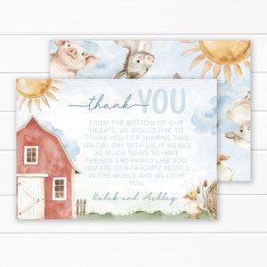 Plantilla editable de tarjeta de agradecimiento de animales de granja - Nota de agradecimiento - Carta de agradecimiento - Boy Red Barn Baby Shower - Cumpleaños de Baryard #2119