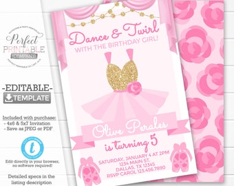 Ballerina Birthday Invitation, Tutu Birthday Invitation, Ballerina Invite, Dance Recital Invitation, Gold and Pink, Editable Template #966