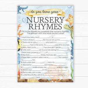 Baby Shower Nursery Rhyme Game, Do You Know Your Nursery Rhymes Activity, Ocean Animal Under the Sea, Instant Download, Printable Card #1092