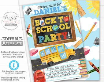 Back to School Party Invitation, End of Summer Invitation, Back to School Invite, School Birthday Party Invitation, Editable Template #823