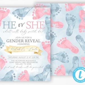 Gender Reveal Invitation, He or She Gender Reveal Invitation, Feet Gender Reveal Invite, Baby Shower Invitation, Editable Template #1094