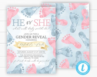 Gender Reveal Invitation, He or She Gender Reveal Invitation, Feet Gender Reveal Invite, Baby Shower Invitation, Editable Template #1094