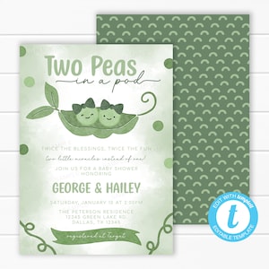 Twee erwten in een peul baby shower uitnodiging - Sweet Pea uitnodigen - Twin Girl baby shower uitnodiging - aquarel Pea Pod bewerkbare sjabloon #2104